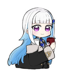 Rule 34 | 1girl, :&gt;, ange katrina, ange katrina (1st costume), ange katrina (cosplay), black jacket, blue hair, blunt bangs, blush, closed mouth, commentary, cosplay, cropped torso, cup, hair ornament, hands up, holding, holding cup, inui toko, jacket, lize helesta, looking at viewer, mug, multicolored hair, nijisanji, nozo (hitomiz), off shoulder, open clothes, open jacket, purple eyes, silver hair, simple background, smile, solo, symbol-only commentary, two-tone hair, upper body, virtual youtuber, white background