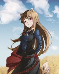 Rule 34 | 1girl, absurdres, animal ears, arms behind back, black vest, blue shirt, breasts, brown hair, cloud, day, grey skirt, highres, holo, jewelry, light brown hair, long hair, looking at viewer, medium breasts, natsume hinako, outdoors, parted lips, pendant, red eyes, red rope, rope, shirt, sidelocks, skirt, sky, solo, spice and wolf, standing, tail, vest, wheat, wheat field, wolf ears, wolf girl, wolf tail
