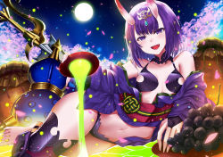 Rule 34 | 1girl, :d, asymmetrical legwear, bad id, bad pixiv id, barefoot, blunt bangs, breasts, bridal gauntlets, cherry blossoms, choker, cleavage, collarbone, cup, fangs, fate/grand order, fate (series), fingernails, full moon, holding, horns, japanese clothes, kimono, looking at viewer, lying, midriff, moon, morizono shiki, navel, on side, open clothes, open kimono, open mouth, panties, purple hair, purple kimono, purple panties, purple thighhighs, sakazuki, sharp fingernails, short hair, shuten douji (fate), sideboob, single thighhigh, smile, solo, stomach, thighhighs, underwear, uneven legwear
