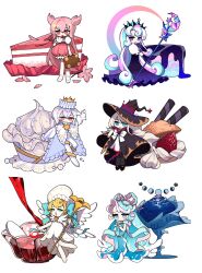 Rule 34 | 2boys, 4girls, angel cookie, black cape, black headwear, blonde hair, blue dress, blue eyes, blue hair, bodysuit, bonnet, bow, bowtie, brooch, cake, cape, cherry blossom cookie, cherry blossoms, cookie run, cream puff, cream puff cookie, crown, cupcake, dress, food, fruit, hat, highres, holding, holding suitcase, jewelry, long hair, moonlight cookie, multicolored hair, multiple boys, multiple girls, nishiirei9522, pink eyes, pink hair, sea fairy cookie, simple background, star (symbol), strawberry, streaked hair, suitcase, two side up, very long hair, whipped cream, whipped cream cookie, white background, white bodysuit, white bow, white bowtie, white cape, white dress, white hair, white wings, wings, witch hat