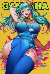 Rule 34 | 1girl, aqua hair, arm behind head, blue hair, blue leotard, blue thighhighs, borrowed character, breasts, character name, choker, cleavage, colored tips, commentary request, crown, film grain, floating hair, ganesha (vocaloid), gem, glasses, gohanha118, green eyes, hair flip, half-closed eyes, hand in own hair, hatsune miku, holding, jewelry, knee up, large breasts, leaning back, leotard, lipstick, long hair, looking at viewer, makeup, mini crown, multicolored hair, necklace, open mouth, paint on body, paint on clothes, paint splatter, paint splatter on face, pendant, pink hair, purple hair, round eyewear, sidelocks, simple background, sitting, skindentation, smile, solo, streaked hair, teeth, thighhighs, twintails, upper teeth only, vocaloid, yellow background