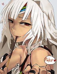 Rule 34 | 1girl, altera (fate), bare shoulders, black nails, commentary, dark skin, dark-skinned female, fate/grand order, fate (series), food, food in mouth, heart, holding, holding food, i-pan, looking at viewer, nail polish, pocky, pocky day, poking, red eyes, simple background, solo, speech bubble, tan, tattoo, veil, white hair