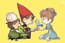 Rule 34 | 1girl, 2boys, beatrice (over the garden wall), bird, brothers, frog, frog (over the garden wall), gregory (over the garden wall), half-brothers, half-siblings, hat, multiple boys, over the garden wall, overalls, siblings, simple background, sitting, spoilers, teapot, tsunoji, wirt (over the garden wall), yellow background