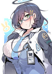 Rule 34 | 1girl, blue archive, blue cardigan, blush, bra visible through clothes, breasts, cardigan, chihiro (blue archive), dated, e-note, glasses, green eyes, halo, jacket, large breasts, multicolored clothes, multicolored jacket, necktie, semi-rimless eyewear, shirt, short hair, signature, two-tone jacket, under-rim eyewear, wet, wet clothes, wet shirt