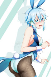 Rule 34 | 1girl, alternate costume, animal ears, artist name, ass, bare shoulders, blue hair, blue vest, blush, breasts, brown pantyhose, d:, fake animal ears, fake tail, fishnet pantyhose, fishnets, from side, green eyes, hair between eyes, hair ornament, highres, ken-ji, leotard, medium breasts, open mouth, pantyhose, playboy bunny, short hair, sinon, solo, sword art online, tail, tailcoat, vest, white background, white leotard, wrist cuffs
