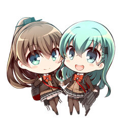 Rule 34 | 2girls, blazer, bow, bowtie, brown cardigan, brown hair, brown jacket, brown skirt, brown thighhighs, cardigan, chibi, full body, green eyes, green hair, hair ornament, hairclip, jacket, kantai collection, kumano (kancolle), kumano kai ni (kancolle), long hair, looking at viewer, machinery, multiple girls, pleated skirt, ponytail, red bow, red bowtie, school uniform, simple background, skirt, standing, suzuya (kancolle), suzuya kai ni (kancolle), teramoto kaoru, thighhighs, white background