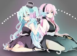 Rule 34 | 2girls, age difference, aina (artist), aqua eyes, aqua hair, bad id, bad pixiv id, bisuko (bisco mm), blue eyes, breasts, butterfly hair ornament, butterfly wings, cocktail dress, dress, fingerless gloves, full body, gloves, hair ornament, hat, hatsune miku, headphones, headset, holding hands, insect wings, large breasts, long hair, magnet (vocaloid), medium breasts, megurine luka, mini hat, mini top hat, multiple girls, pink hair, pinup (style), sitting, smile, top hat, twintails, vocaloid, wings, yuri