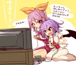 Rule 34 | &gt;:d, 2girls, :d, text background, bat wings, belt, blush, breasts, dress, fang, full body, game console, hair ornament, hair ribbon, height difference, kuresento, light purple hair, long hair, looking at another, md5 mismatch, multiple girls, nintendo, no headwear, no headwear, open mouth, petite, pink eyes, playing games, ponytail, puffy short sleeves, puffy sleeves, red eyes, remilia scarlet, ribbon, shirt, short hair, short sleeves, sitting, skirt, smile, speech bubble, super famicom, super nintendo, sweatdrop, team shanghai alice, television, text focus, touhou, translation request, v-shaped eyebrows, vampire, vest, wariza, watatsuki no yorihime, wavy mouth, wings