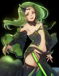 Rule 34 | 1girl, black skirt, black thighhighs, blue eyes, breasts, detached sleeves, floating hair, green hair, horns, kimidori (kimidoriri), long hair, looking at viewer, macross, macross delta, macross delta: zettai live!!!!!!, navel, open mouth, revealing clothes, simple background, single horn, skindentation, skirt, small breasts, smile, solo, thighhighs, twitter username, yami reina