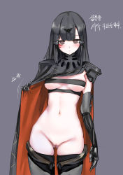 Rule 34 | 1girl, absurdres, armor, bad id, bad pixiv id, black dress, black hair, bottomless, breasts, brown eyes, censored, chest belt, clothes lift, dress, dress lift, expressionless, facial mark, girls&#039; frontline, headgear, highres, korean text, lifted by self, long hair, looking at viewer, mechanical arms, miramu (ramu450471), navel, nyto (girls&#039; frontline), adeline (girls&#039; frontline), paradeus, pussy, single mechanical arm, solo, thighhighs, translated