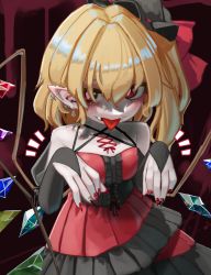 Rule 34 | 1girl, alternate costume, bare shoulders, black hat, blonde hair, blush, body piercings, bow, breasts, bridal gauntlets, bright pupils, commentary request, corset, corset piercing, cowboy shot, crystal, dress, ear piercing, earrings, eyebrows hidden by hair, fangs, flandre scarlet, hair between eyes, hair bow, hat, highres, indoors, jewelry, looking at viewer, mini hat, mob cap, nail polish, no headwear, notice lines, one side up, piercing, red background, red bow, red dress, red eyes, red nails, short hair, simple background, small breasts, solo, tilted headwear, tongue, tongue out, tongue piercing, touhou, white pupils, wings, zakozako y
