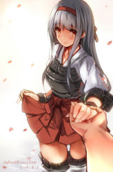 Rule 34 | 10s, 1girl, 2015, artist name, blush, brown eyes, clothes lift, dated, hairband, holding hands, japanese clothes, kantai collection, long hair, looking at viewer, muneate, no panties, petals, shoukaku (kancolle), silver hair, simple background, skirt, skirt lift, smile, soaking feet, thighhighs, wading, water, windforcelan