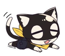 Rule 34 | animal focus, bag, cat, closed eyes, do m kaeru, full body, lying, morgana (persona 5), neckerchief, no humans, on stomach, open mouth, persona, persona 5, signature, simple background, smile, solo, tail, tail wagging, white background, yellow neckerchief