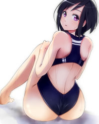 Rule 34 | 10s, 1girl, akame (akamiru), aldnoah.zero, amifumi inko, ass, back, bad id, bad pixiv id, black hair, competition swimsuit, hands on own knees, knees together feet apart, one-piece swimsuit, purple eyes, short hair, sitting, solo, swimsuit, wet