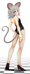 Rule 34 | 1girl, animal ears, checkered floor, female focus, fishnet pantyhose, fishnets, from behind, full body, grey hair, high heels, highres, ishikkoro, legs, leotard, looking back, mouse ears, mouse tail, nazrin, nontraditional playboy bunny, pantyhose, playboy bunny, red eyes, short hair, solo, standing, tail, touhou, wrist cuffs
