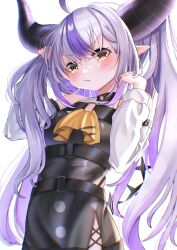 Rule 34 | 1girl, absurdres, ahoge, ascot, bare shoulders, black horns, blush, braid, braided bangs, detached sleeves, grey hair, hachi kyu shiki, highres, holding, holding own hair, hololive, horns, la+ darknesss, la+ darknesss (1st costume), long hair, looking at viewer, multicolored hair, pointy ears, purple hair, solo, streaked hair, striped horns, twintails, virtual youtuber, yellow ascot