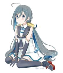 Rule 34 | 10s, 1girl, ahoge, black thighhighs, blue hair, blush, cosplay, elbow gloves, gloves, grey eyes, grey hair, kantai collection, kiyoshimo (kancolle), long hair, looking at viewer, low twintails, multicolored hair, neckerchief, riz (ravel dc), samidare (kancolle), samidare (kancolle) (cosplay), school uniform, serafuku, shirt, sitting, sleeveless, sleeveless shirt, solo, thighhighs, twintails, twitter username, wariza
