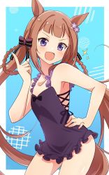 Rule 34 | 1girl, animal ears, breasts, brown hair, collarbone, commentary request, enkichi totan, hair rings, highres, horse ears, horse girl, horse tail, long hair, looking at viewer, official alternate costume, open mouth, purple eyes, simple background, small breasts, solo, sweep tosho (monopolizing the chill?) (umamusume), sweep tosho (umamusume), tail, twintails, umamusume, v