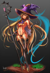 Rule 34 | 1girl, :d, bare shoulders, big kapipara, black footwear, black thighhighs, blonde hair, blue eyes, boots, breasts, gloves, gradient background, grass, hat, highres, long hair, open mouth, smile, solo, thigh boots, thighhighs, underboob, very long hair, witch hat
