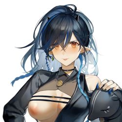 Rule 34 | 1girl, :p, arknights, asymmetrical clothes, black choker, black hair, black nails, blacknight (arknights), blue hair, blush, braid, breasts, choker, closed mouth, creature, earrings, highres, horns, jewelry, long hair, medium breasts, mole, mole above eye, multicolored hair, nail polish, nipples, no bra, one breast out, orange eyes, pointy ears, qinglai haiji, side braid, simple background, single bare shoulder, single earring, smile, solo, tongue, tongue out, two-tone hair, upper body, v-shaped eyebrows, white background