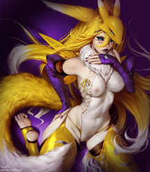 Rule 34 | 1girl, aleriia v, animal ears, armpits, backless pants, bare shoulders, blonde hair, blue eyes, breasts, chaps, china dress, chinese clothes, covered erect nipples, cross-laced clothes, digimon, digimon (creature), digimon tamers, dress, elbow gloves, facial mark, feet, fluffy, fox ears, fox girl, fox mask, fox tail, frown, fur collar, fur trim, gloves, hand on own hip, hand on own chest, highres, jewelry, kneeling, large breasts, lingerie, lips, lipstick, long hair, looking at viewer, makeup, makino ruki, mask, multicolored hair, nail polish, navel, nipples, panties, pants, purple gloves, purple lips, purple nails, renamon, sakuyamon, see-through, see-through dress, skin tight, skindentation, soles, solo, spread legs, string panties, tail, thick thighs, thighhighs, thighs, thong, toe ring, underwear, white dress, white hair, yellow panties, yellow thighhighs