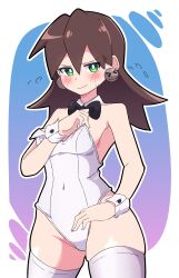 Rule 34 | 1girl, absurdres, black bow, black bowtie, bow, bowtie, breasts, brown hair, buzzlyears, closed mouth, covered navel, earrings, green eyes, highres, jewelry, leotard, long hair, looking at viewer, mega man (series), mega man legends (series), playboy bunny, skull earrings, small breasts, solo, sweatdrop, thighhighs, tron bonne (mega man), white leotard, white thighhighs, wrist cuffs