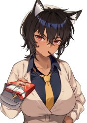 Rule 34 | 1girl, animal ear fluff, animal ears, black hair, black shirt, brand name imitation, breasts, brown eyes, brown hair, buttons, chocolate, collarbone, dress shirt, fingernails, food, food in mouth, giving, hand in pocket, highres, incoming food, large breasts, light blush, long bangs, looking at viewer, multicolored hair, necktie, original, parody, pocky, pocky in mouth, pov, shadow, shirt, slit pupils, solo, sweater, takunomi, tan, two-tone hair, valentine, white background, wolf ears, wolf girl
