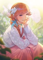 Rule 34 | 1girl, alternate costume, blush, bow, bow choker, breasts, choker, earrings, flower, from side, green bow, green choker, hair flower, hair ornament, hanbok, highres, hololive, hololive english, jewelry, korean clothes, looking at viewer, medium breasts, myun gom, orange hair, parted lips, purple eyes, sitting, smile, solo, takanashi kiara, virtual youtuber, white flower