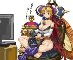 Rule 34 | 1girl, balancile, barefoot, blonde hair, blue eyes, blue hair, breasts, brown choker, bubble tea, bubble tea challenge, chair, choker, collarbone, controller, cup, detached sleeves, disposable cup, drinking, drinking straw, earrings, feet, forehead jewel, forehead tattoo, game controller, hair ornament, headphones, headphones removed, headset, heterochromia, highres, holding, holding controller, holding game controller, indian style, jewelry, large breasts, long hair, looking at screen, monitor, object on breast, parted bangs, pelvic curtain, ran&#039;ou (tamago no kimi), red eyes, red hair, shinrabanshou, shiny skin, sidelocks, sitting, smirk, soles, solo, strapless, tattoo, translation request, very long hair, wireless