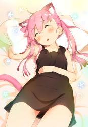 Rule 34 | 1girl, ^ ^, ahoge, animal ears, blush, cat ears, cat tail, drooling, closed eyes, hand on own stomach, long hair, lying, open mouth, original, pillow, pink hair, sleeping, solo, tail, twintails, zpolice