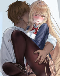 Rule 34 | 1boy, 1girl, black footwear, black pantyhose, blonde hair, blue jacket, blush, bow, bowtie, breasts, brown hair, character request, eye piercing, gyudan (t1k 7), hand on own thigh, highres, holding person, hug, hug from behind, jacket, light brown hair, long hair, looking at viewer, medium breasts, one eye closed, open clothes, open jacket, open mouth, original, pantyhose, red neckwear, school uniform, shirt, short hair, simple background, sweatdrop, white shirt, yellow eyes