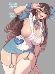 Rule 34 | 1girl, agawa ryou, blue bow, blue bowtie, bow, bowtie, breasts, brown eyes, brown hair, curvy, grey background, huge breasts, large breasts, long hair, miniskirt, nipple slip, nipples, one eye closed, original, sideboob, simple background, skirt, smile, solo, thick thighs, thighhighs, thighs, v, waitress, wide hips
