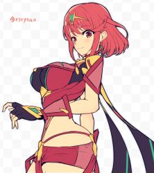 Rule 34 | 1girl, breasts, chest jewel, highres, large breasts, mochimochi (xseynao), pyra (xenoblade), red eyes, red hair, short hair, simple background, solo, white background, xenoblade chronicles (series), xenoblade chronicles 2