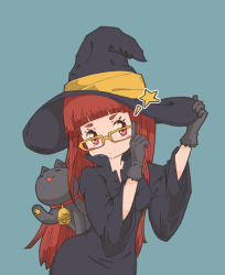 Rule 34 | 1girl, bell, black gloves, blunt bangs, cat, commentary, glasses, gloves, hat, highres, long hair, original, red eyes, red hair, robe, simple background, solo, star (symbol), wide sleeves, witch, witch hat, yukimoto shuuji (gurigura)