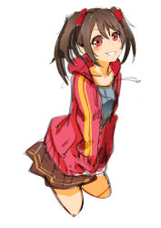 Rule 34 | 10s, 1girl, blush, brown hair, cropped legs, flat chest, grin, hood, hooded track jacket, hoodie, jacket, love live!, love live! school idol project, red eyes, scrunchie, short twintails, sketch, skirt, smile, so-bin, solo, track jacket, twintails, v arms, yazawa nico