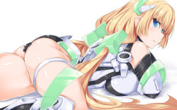 Rule 34 | 1girl, angela balzac, ass, blonde hair, blue eyes, bodysuit, breasts, hair ornament, headgear, kuronyan, large breasts, leotard, long hair, looking at viewer, low twintails, lying, on stomach, rakuen tsuihou, smile, solo, thigh strap, twintails, very long hair, white background