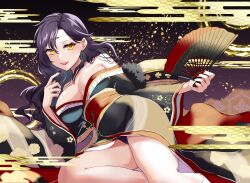 Rule 34 | 1girl, alternate costume, azur lane, bare shoulders, black hair, black kimono, breasts, circlet, cleavage, collarbone, commission, commissioner upload, cosplay, crossover, earrings, fingernails, fire emblem, fire emblem: the blazing blade, folding fan, friedrich der grosse (azur lane), friedrich der grosse (azur lane) (cosplay), friedrich der grosse (dark raiments of gagaku) (azur lane), friedrich der grosse (dark raiments of gagaku) (azur lane) (cosplay), fur-trimmed kimono, fur trim, hand fan, highres, holding, holding fan, japanese clothes, jewelry, kimono, large breasts, lipstick, long fingernails, long hair, looking at viewer, low neckline, makeup, mature female, mu tu bu, nabatame hitomi, nail polish, new year, nintendo, non-web source, off shoulder, panties, panty peek, pixiv commission, purple panties, red nails, red sash, sash, smile, solo, sonia (fire emblem: the blazing blade), thighs, underwear, voice actor connection, yellow eyes