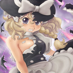 1girl bad_id bad_pixiv_id blonde_hair braid breasts female_focus gradient_background hamoto hat highres kirisame_marisa short_hair solo torn_clothes touhou witch witch_hat