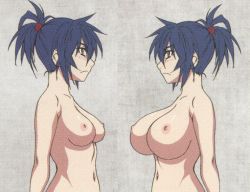 Rule 34 | 2girls, black hair, blue hair, blush, breast expansion, breasts, dual persona, frown, huge breasts, large breasts, manyuu chifusa, manyuu hikenchou, multiple girls, navel, nipples, nude, official art, profile, small breasts, standing, upper body, yellow eyes