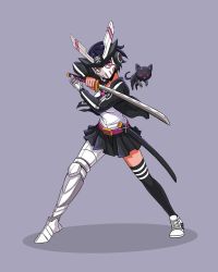 Rule 34 | 1girl, anacathie, animal, black cat, black hair, cat, commentary, english commentary, full body, glowing, glowing eyes, helmet, highres, jacket, jolly roger, katana, mariko (quiccs), mask, mechanical hands, mechanical legs, official art, original, purple background, purple eyes, second-party source, short hair, single mechanical hand, single mechanical leg, single thighhigh, skull and crossed swords, skull mask, sword, thick lips, thighhighs, v-fin, weapon