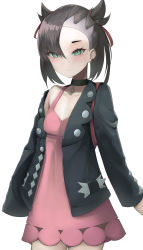 Rule 34 | 1girl, absurdres, asymmetrical bangs, black choker, black jacket, blush, breasts, choker, closed mouth, collarbone, creatures (company), dress, expressionless, game freak, green eyes, hair ribbon, highres, jacket, marnie (pokemon), nintendo, pendant choker, pink dress, pokemon, pokemon swsh, red ribbon, ribbon, short dress, simple background, single bare shoulder, small breasts, solo, suga (sugamaruuu), twintails, two side up, undercut, white background