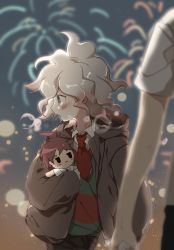 Rule 34 | 2boys, aged down, black pants, blurry, blurry foreground, blush, brown jacket, brown pants, character doll, child, commentary request, danganronpa (series), danganronpa 2: goodbye despair, depth of field, facing viewer, fireworks, green eyes, green sweater, highres, hinata hajime, hood, hooded jacket, jacket, komaeda nagito, long sleeves, looking to the side, male focus, messy hair, midou (grk12138), multiple boys, necktie, open mouth, pants, red neckwear, shirt, short necktie, short sleeves, solo focus, sweater, white shirt