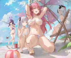Rule 34 | 4girls, alternate costume, armpits, arms behind head, arms up, aru (blue archive), ball, beach, beach umbrella, beachball, bikini, black hair, blue archive, blush, breasts, cleavage, crab, dema hmw, demon horns, front-tie bikini top, front-tie top, grey hair, hair between eyes, hair ornament, hairband, halo, haruka (blue archive), highres, horns, kayoko (blue archive), large breasts, long hair, multicolored hair, multiple girls, mutsuki (blue archive), navel, ocean, open mouth, outdoors, pink hair, problem solver 68 (blue archive), purple eyes, purple hair, red eyes, sandals, shore, sideboob, small breasts, smile, squatting, stomach, swimsuit, thighs, two-tone hair, umbrella, underboob, white bikini, white hair, yellow eyes