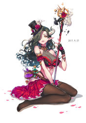 Rule 34 | 1girl, black hat, black pantyhose, breasts, cleavage, dated, eyebrows, green hair, hair over one eye, hat, highres, holding, holding staff, horns, large breasts, long hair, looking at viewer, luode huayuan, original, pantyhose, single horn, sitting, solo, staff, top hat, wariza, yellow eyes