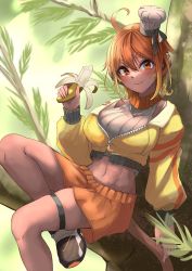 Rule 34 | 1girl, ;), abs, amemiya arikapu, animal ears, banana, blush, branch, breasts, chef hat, commission, commissioner upload, cropped jacket, dark-skinned female, dark skin, eating, food, fruit, hat, haven-x, highres, jacket, jewelry, koa himari, large breasts, long sleeves, looking at viewer, midriff, mini hat, monkey ears, monkey girl, monkey tail, navel, necklace, one eye closed, open clothes, open jacket, orange eyes, orange hair, orange shorts, ribbed sweater, second-party source, shoes, short eyebrows, short hair, shorts, skeb commission, skindentation, sleeveless, sleeveless turtleneck, smile, sneakers, solo, sweater, tail, thigh strap, tree, turtleneck, turtleneck sweater, virtual youtuber, white sweater, yellow jacket, zipper, zipper pull tab