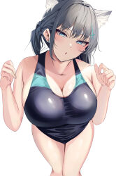 Rule 34 | 1girl, :o, absurdres, animal ears, bare shoulders, blue archive, blue eyes, blue one-piece swimsuit, blush, breasts, cleavage, cross hair ornament, from above, grey hair, hair ornament, hands up, highres, large breasts, looking at viewer, looking up, namazu (yamasonson), one-piece swimsuit, open mouth, shiroko (blue archive), shiroko (swimsuit) (blue archive), simple background, solo, swimsuit, thighs, white background, wolf ears