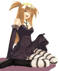 Rule 34 | 00s, 1girl, ;d, amane misa, black dress, black footwear, black gloves, blonde hair, boots, buttons, clothes lift, cross, cross necklace, death note, dress, female focus, gloves, goth fashion, jewelry, kabocha, kabocha (monkey4), kneeling, lace, lace-trimmed gloves, lace trim, latin cross, lifted by self, lolita fashion, long hair, necklace, one eye closed, open mouth, patterned legwear, shoes, simple background, sitting, skirt, skirt lift, smile, solo, striped clothes, striped thighhighs, thighhighs, two-tone stripes, two side up, wariza, white background, wink
