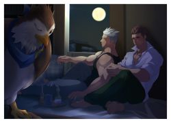 Rule 34 | 2boys, animal, bara, bird, blue eyes, blush, brown hair, couple, crow, crow (siranui), cup, eddie (gyee), facial hair, flustered, full body, full moon, gyee, highres, large pectorals, crossed legs, male focus, miles (gyee), moon, moonlight, multiple boys, muscular, night, open clothes, own hands together, pectorals, silver hair, sitting, tank top, upper body, yaoi