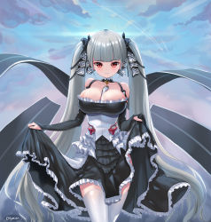Rule 34 | 1girl, absurdres, azur lane, bare shoulders, blunt bangs, breasts, cleavage, clothes lift, cloud, cloudy sky, collarbone, commentary, detached sleeves, elsynien, english commentary, flight deck, formidable (azur lane), frills, hair ribbon, highres, large breasts, lifted by self, long hair, looking at viewer, maid, red eyes, ribbon, short sleeves, sidelocks, silver hair, skirt, skirt lift, sky, smile, solo, thighhighs, twintails, white thighhighs, zettai ryouiki