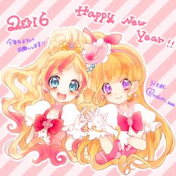 Rule 34 | 10s, 2016, 2girls, :d, asahina mirai, blonde hair, blue eyes, bow, brooch, color connection, cure flora, cure miracle, earrings, flower earrings, gloves, go! princess precure, gradient hair, hair bow, hairband, half updo, happy new year, haruno haruka, hat, jewelry, long hair, looking at viewer, magical girl, mahou girls precure!, mini hat, mini witch hat, multicolored hair, multiple girls, new year, open mouth, pink bow, pink hair, pink hat, ponytail, precure, purple eyes, red bow, smile, streaked hair, striped, striped background, twitter username, two-tone hair, upper body, uzuki aki, white gloves, witch hat